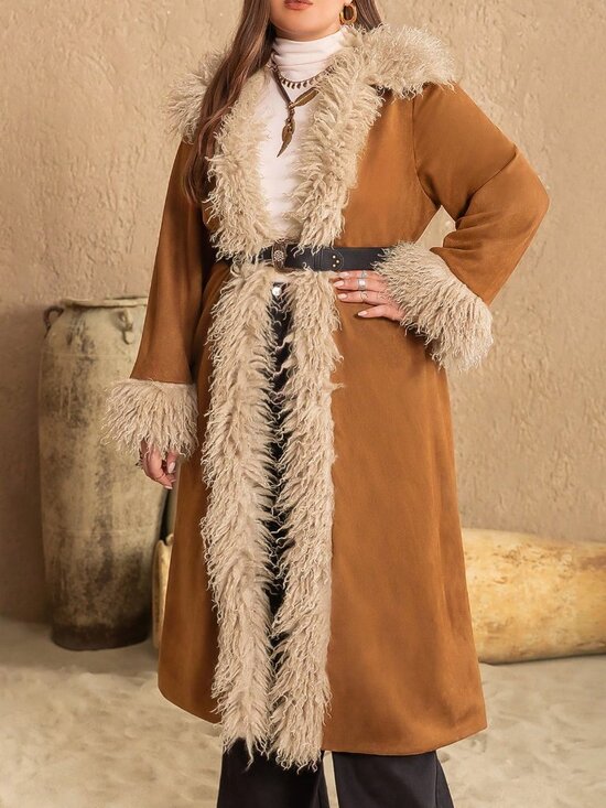 Brown Casual Women's Bohemian Plus Size Warm & Soft Fuzzy Jacket - Picture 4 of 8